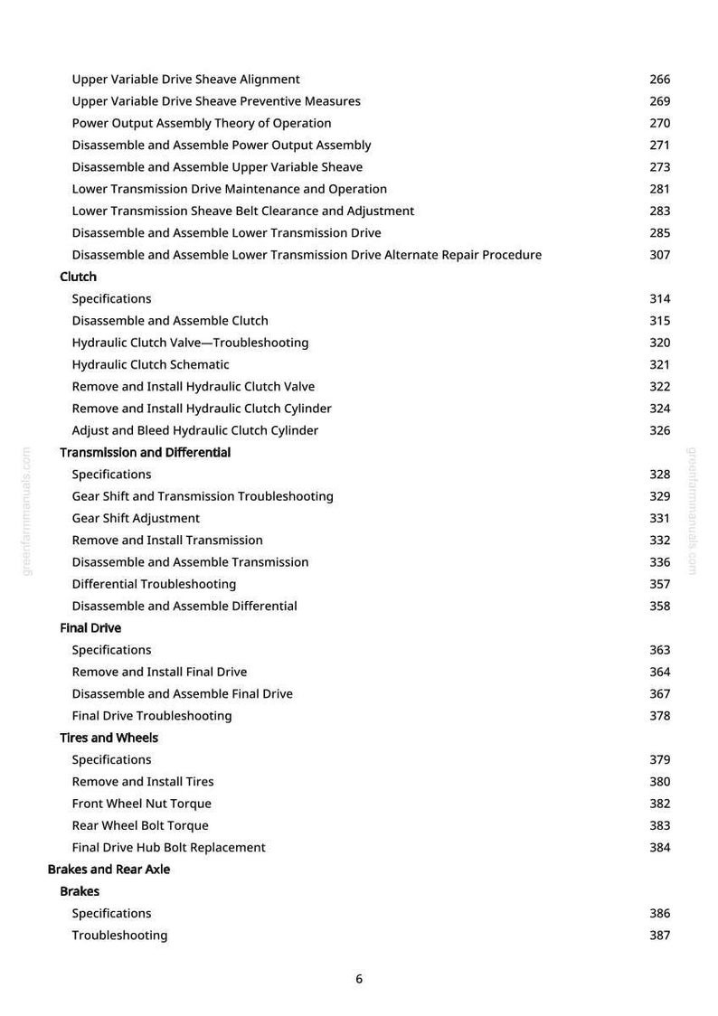 May include: A page from a manual with a table of contents. The text includes terms like "Clutch," "Transmission," and "Final Drive," along with page numbers. The website greenfarmmanuals.com is visible in the corner.