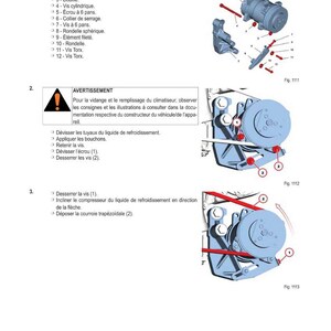 Op de afbeelding: Diagram van het verwijderen van de airconditioningcompressor, met genummerde onderdelen en instructies. Bevat een waarschuwingssymbool en tekst in het Frans. De afbeelding toont de stappen van de procedure.