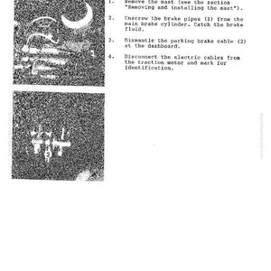 May include: A page from a manual detailing the transmission and gear unit. The text includes instructions for removing and installing the drive axle, brake pipes, and parking brake cable. Diagrams of parts are included.
