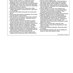 May include: A safety manual page with the title "Maintenance and Storage". The page contains bullet points with safety instructions for machinery, including operating, storage, and repair guidelines. The page also includes a section on safety precautions.