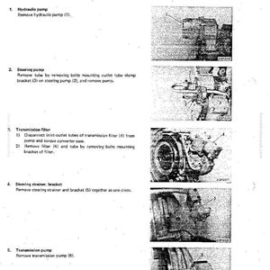 May include: A technical diagram titled "Torque Converter Disassembly and Assembly" with numbered steps and corresponding images. The diagram includes instructions for removing hydraulic and steering pumps, transmission filters, and other components.