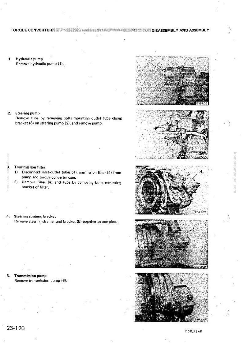 May include: A technical diagram titled "Torque Converter Disassembly and Assembly" with numbered steps and corresponding images. The diagram includes instructions for removing hydraulic and steering pumps, transmission filters, and other components.