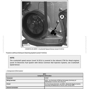 Pu&ograve; includere: Schema di un sensore di velocit&agrave; dell'albero motore (Livello 16 ECU) con informazioni sui componenti. L'immagine include un primo piano di un componente del motore, una puleggia e un sensore etichettato "A". Il testo include "B072" e "CD30910".