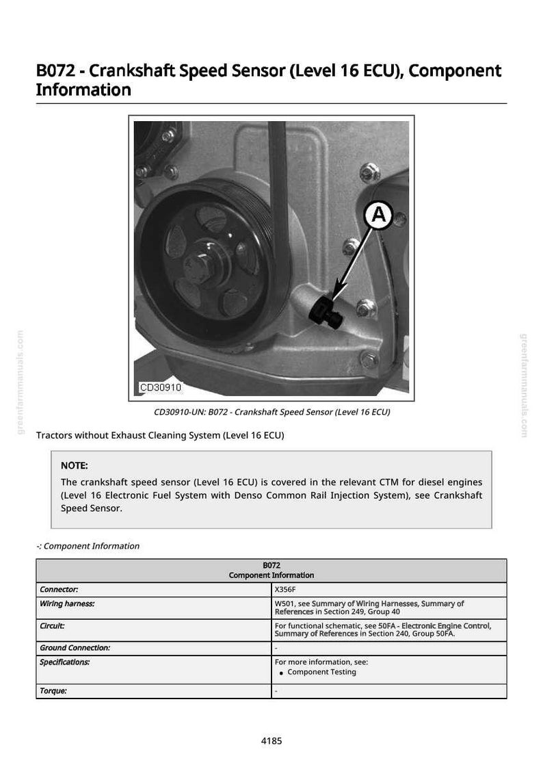 Pu&ograve; includere: Schema di un sensore di velocit&agrave; dell'albero motore (Livello 16 ECU) con informazioni sui componenti. L'immagine include un primo piano di un componente del motore, una puleggia e un sensore etichettato "A". Il testo include "B072" e "CD30910".