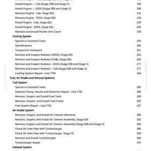 May include: A detailed contents page from a manual, listing engine repair procedures, cooling system components, and fuel system maintenance. The text is black on a white background, with page numbers on the right.