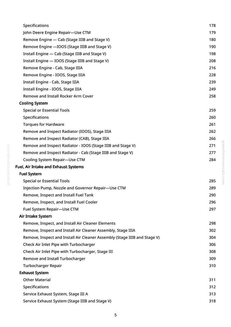 May include: A detailed contents page from a manual, listing engine repair procedures, cooling system components, and fuel system maintenance. The text is black on a white background, with page numbers on the right.