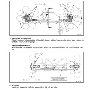 May include: Assembly drawing of a steering axle, featuring detailed diagrams with labels for components like stopper bolts and ball sockets. Includes measurements in inches and diagrams for greasing.