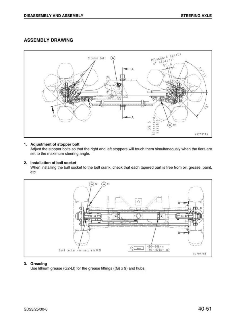 May include: Assembly drawing of a steering axle, featuring detailed diagrams with labels for components like stopper bolts and ball sockets. Includes measurements in inches and diagrams for greasing.
