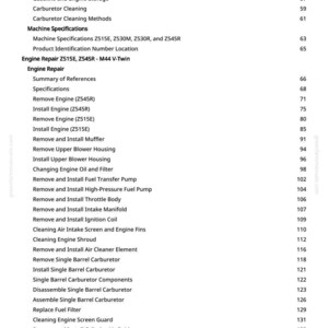 May include: A page from a manual with a table of contents for engine repair, including topics like carburetor cleaning, fuel pump installation, and engine specifications. The text is in black on a white background.