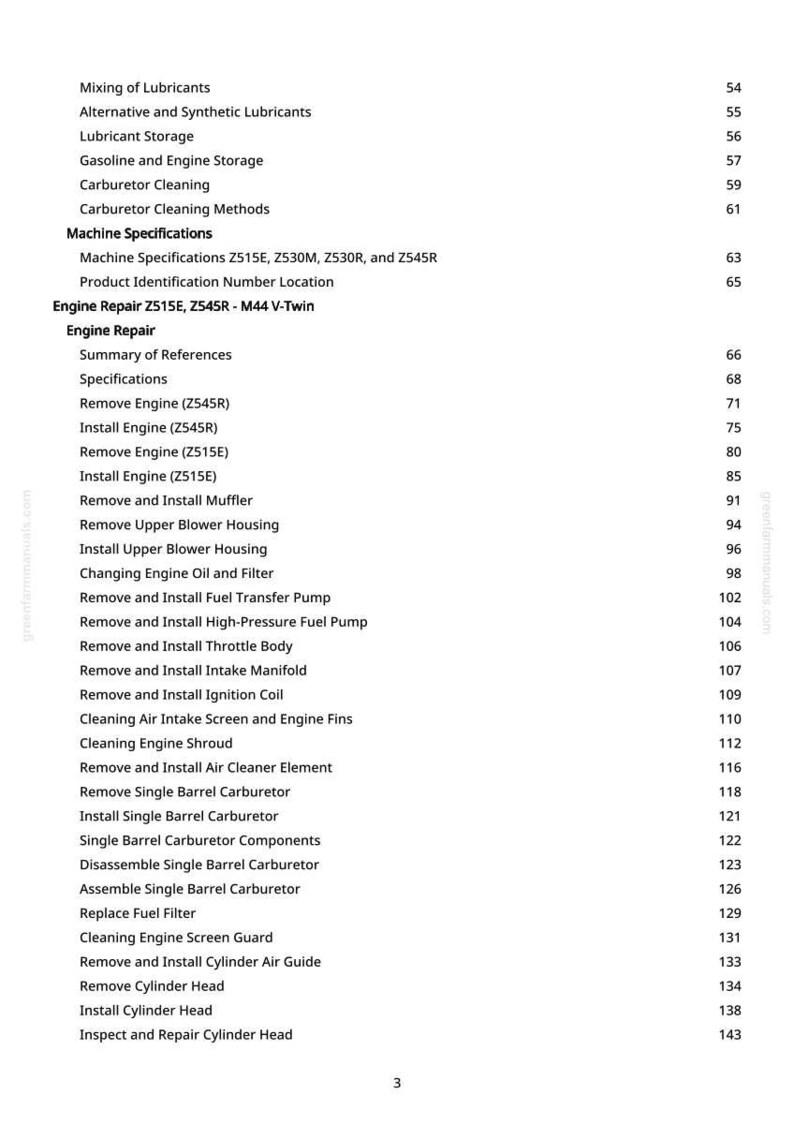 May include: A page from a manual with a table of contents for engine repair, including topics like carburetor cleaning, fuel pump installation, and engine specifications. The text is in black on a white background.