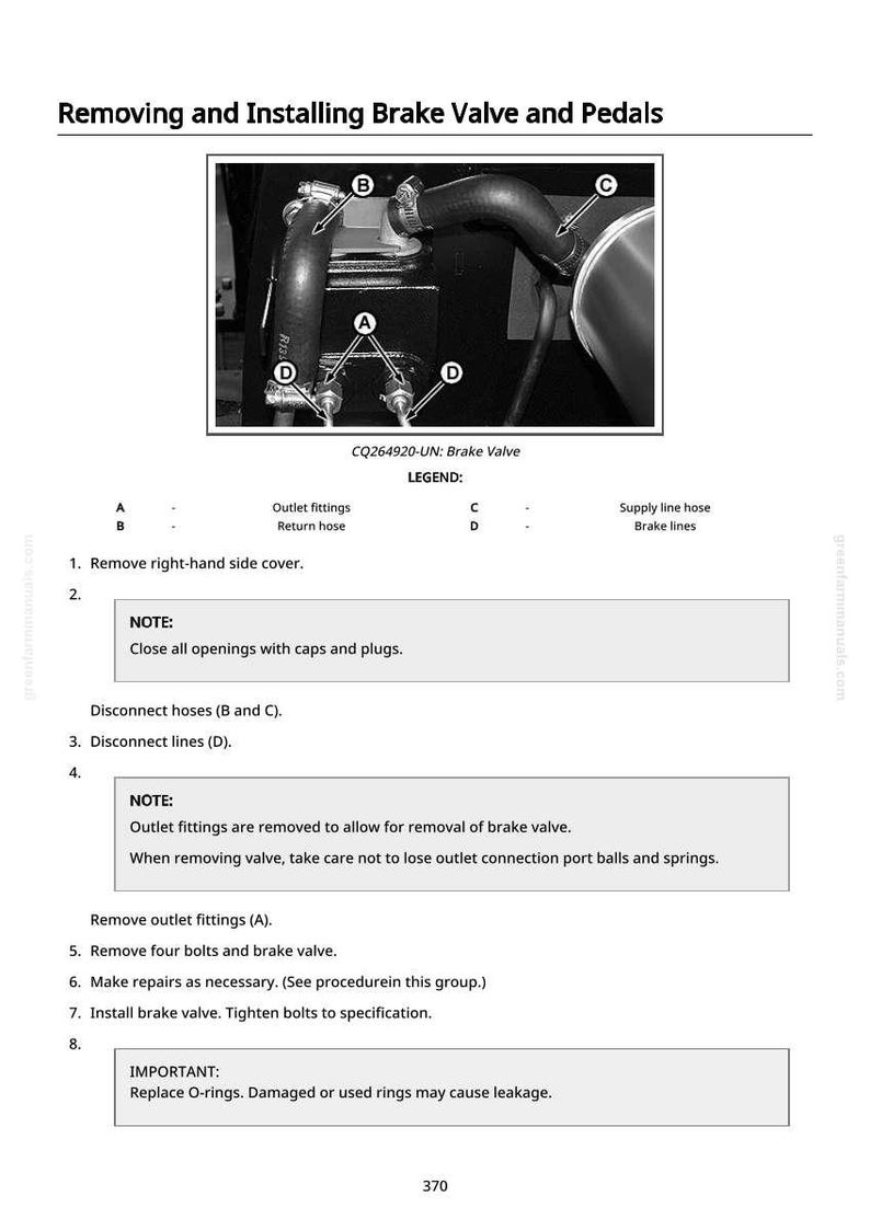 May include: Diagram of brake valve and pedals with labels and instructions. Includes a close-up of the brake valve with labeled parts A, B, C, and D. Text instructions detail removal and installation steps.