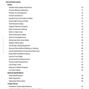 May include: A page from a manual titled "Table of Contents." The document lists safety topics such as "Handle Fluids Safely," "Prevent Battery Explosions," and "Wear Protective Clothing." The page is white with black text.