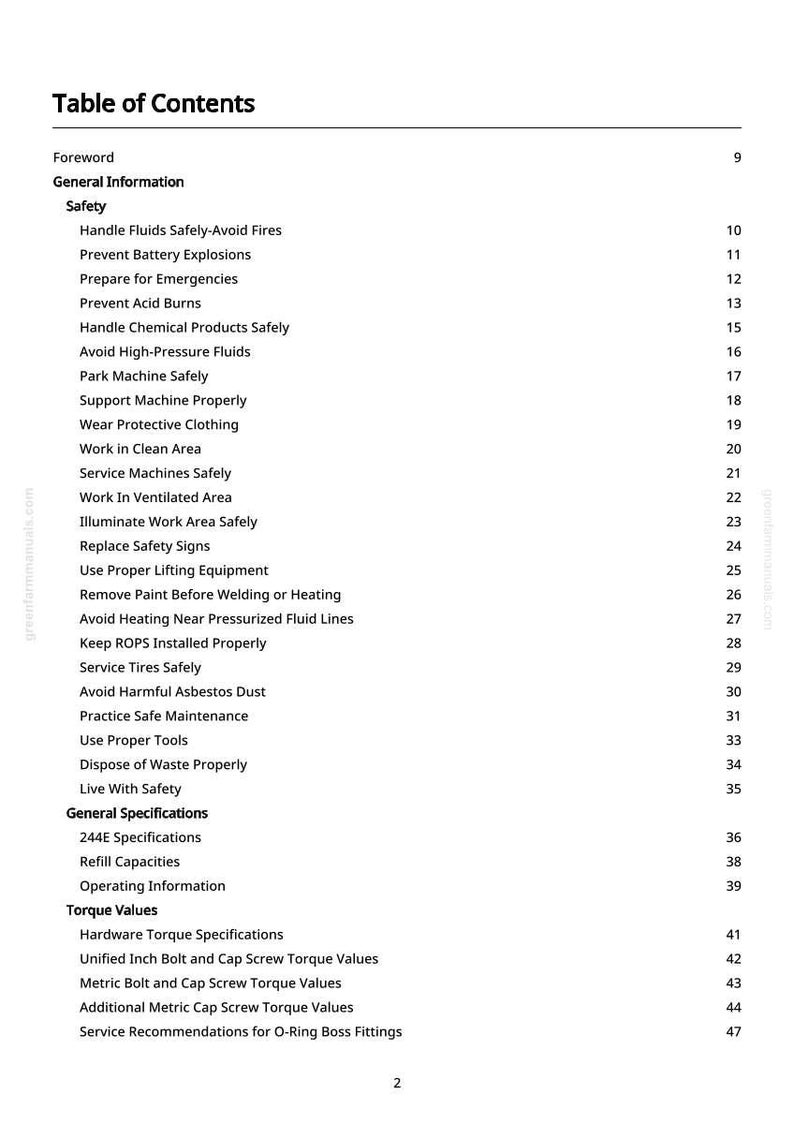 May include: A page from a manual titled "Table of Contents." The document lists safety topics such as "Handle Fluids Safely," "Prevent Battery Explosions," and "Wear Protective Clothing." The page is white with black text.