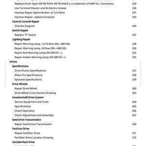 May include: A page from a manual with a table of contents. The text includes repair instructions for various components, such as lighting, drives, and wheels. The page number is visible on the right side.