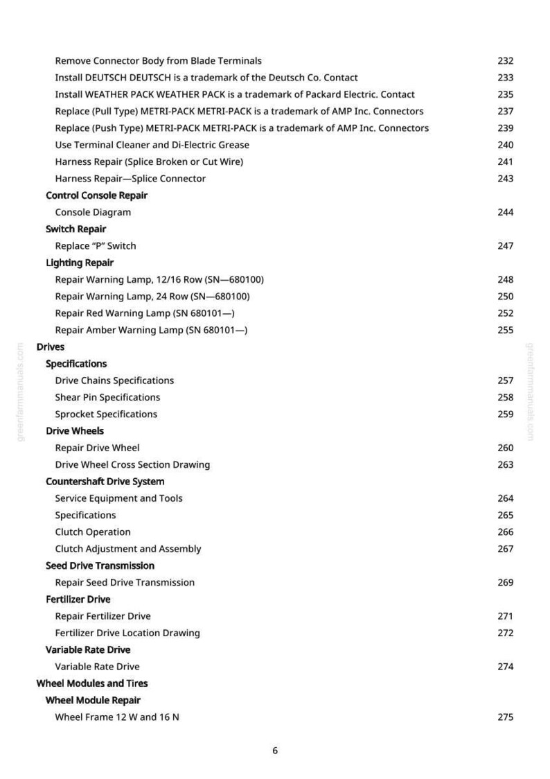 May include: A page from a manual with a table of contents. The text includes repair instructions for various components, such as lighting, drives, and wheels. The page number is visible on the right side.