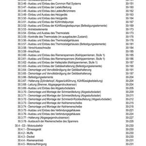 May include: A detailed German-language parts list, titled "INHALT," with numerous entries and corresponding page numbers. The document covers various automotive components, including fuel pumps, thermostats, and turbochargers. The text is organized in a clear, structured format.