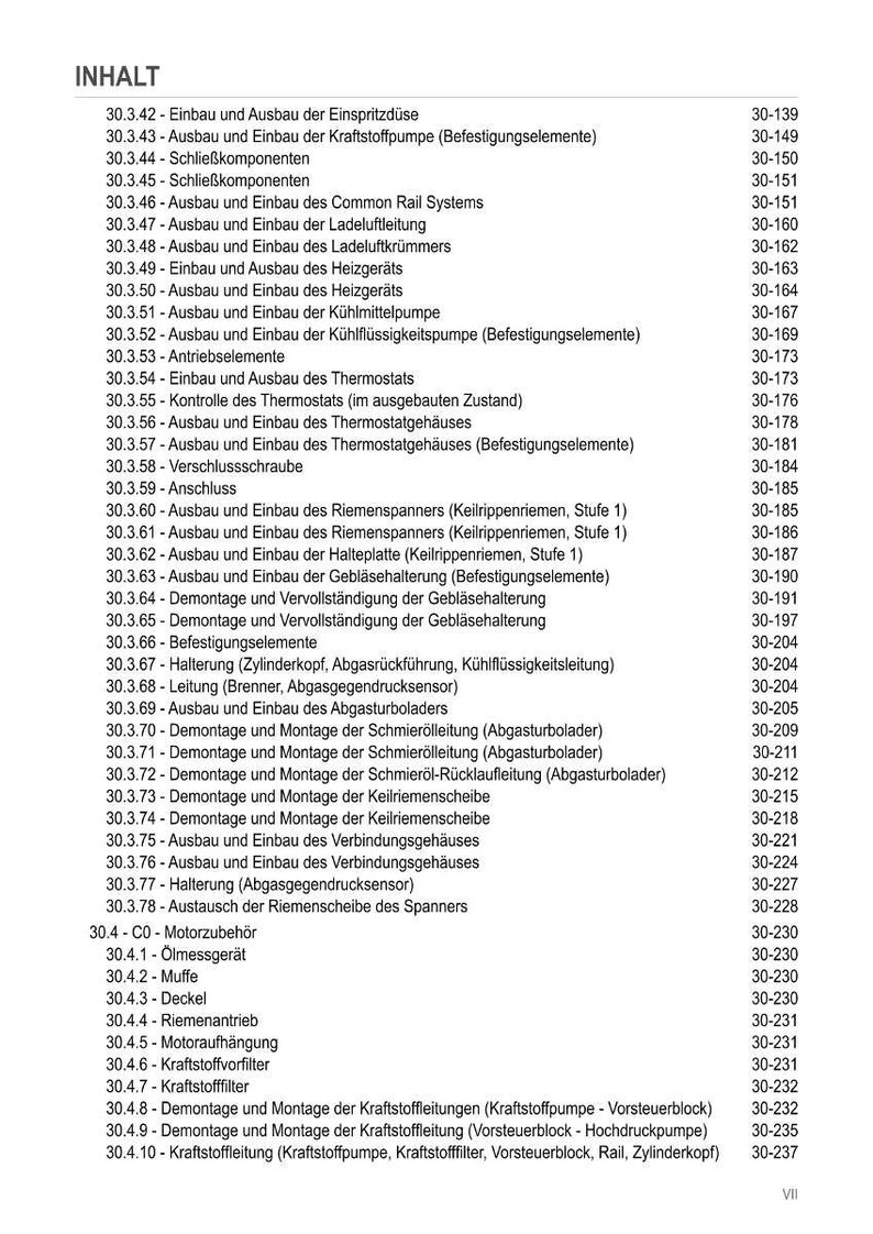 May include: A detailed German-language parts list, titled "INHALT," with numerous entries and corresponding page numbers. The document covers various automotive components, including fuel pumps, thermostats, and turbochargers. The text is organized in a clear, structured format.
