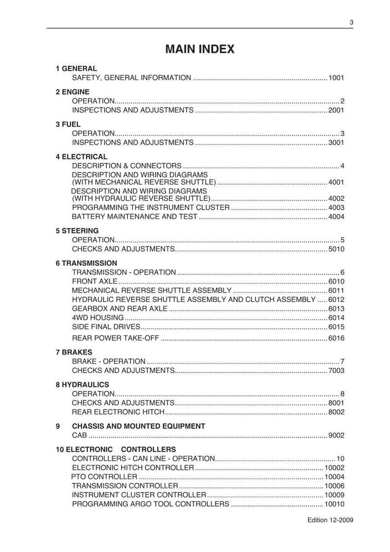 Może przedstawiać: Czarno-biała strona z indeksem gł&oacute;wnym, zatytułowana "MAIN INDEX". Sekcje obejmują "ENGINE", "FUEL" i "ELECTRICAL", z numerami stron po prawej stronie. Wydanie to 12-2009.