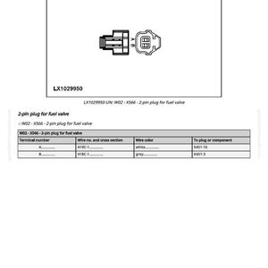 K&ouml;nnte beinhalten: Diagramm eines 2-poligen Steckers f&uuml;r ein Kraftstoffventil, bezeichnet mit W02-X566 und LX1029950. Das Diagramm enth&auml;lt eine detaillierte Illustration des Designs des Steckers, der Kabelfarben und der Anschlussnummern.