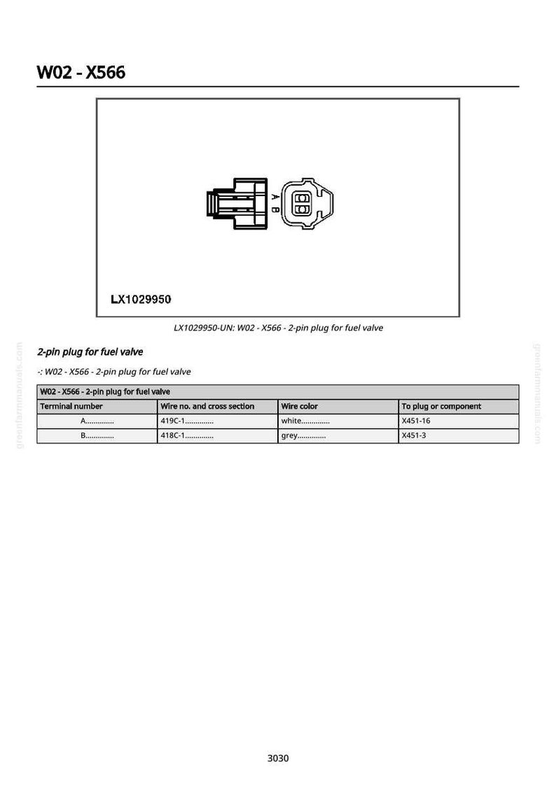 K&ouml;nnte beinhalten: Diagramm eines 2-poligen Steckers f&uuml;r ein Kraftstoffventil, bezeichnet mit W02-X566 und LX1029950. Das Diagramm enth&auml;lt eine detaillierte Illustration des Designs des Steckers, der Kabelfarben und der Anschlussnummern.