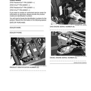 May include: Product identification guide for Greens Mowers, featuring diagrams and serial number locations. Includes sections for product identification, gas engine serial number, and diesel engine serial number. The guide also lists record identification numbers.