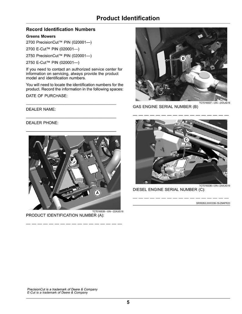 May include: Product identification guide for Greens Mowers, featuring diagrams and serial number locations. Includes sections for product identification, gas engine serial number, and diesel engine serial number. The guide also lists record identification numbers.