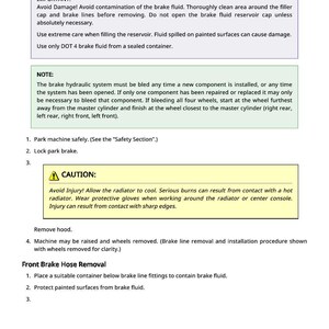 May include: A page from a manual detailing the steps to remove and install a brake line. The text includes safety warnings about brake fluid and hot radiators, and instructions for bleeding the brake system.