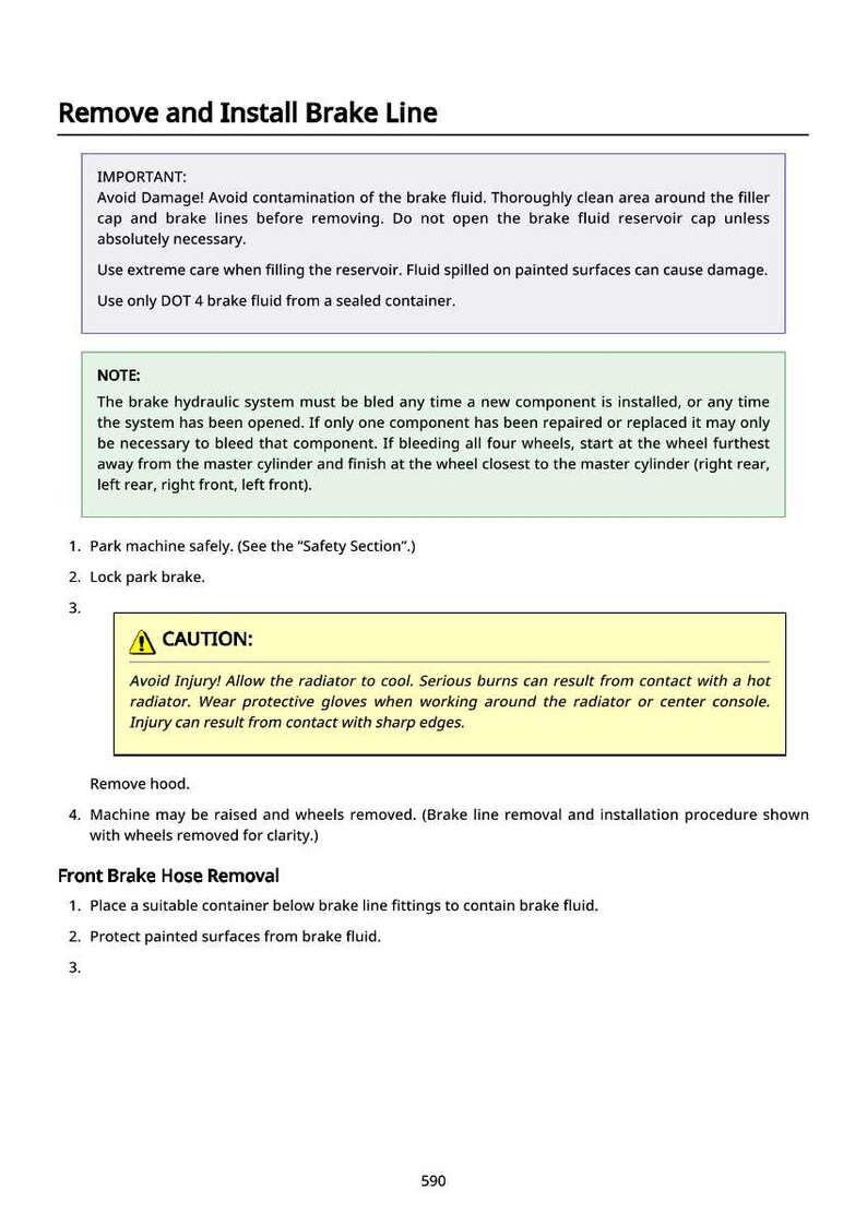 May include: A page from a manual detailing the steps to remove and install a brake line. The text includes safety warnings about brake fluid and hot radiators, and instructions for bleeding the brake system.