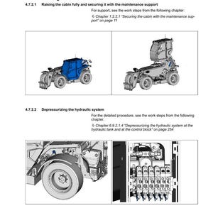 May include: Page from a technical manual for a Fendt T740 Telehandler, featuring diagrams and instructions. The text details procedures for removing the service brake valve, raising the cabin, and depressurising the hydraulic system. The date on the page is 24.09.2024.
