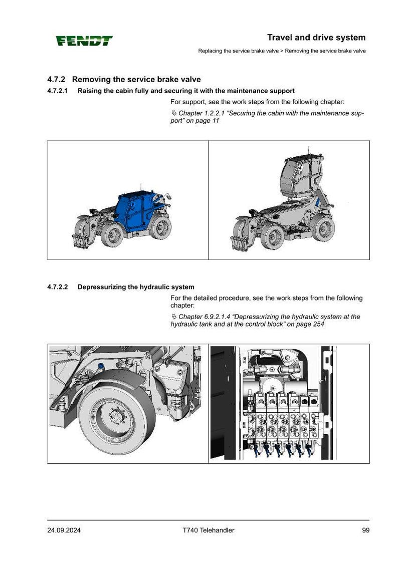 May include: Page from a technical manual for a Fendt T740 Telehandler, featuring diagrams and instructions. The text details procedures for removing the service brake valve, raising the cabin, and depressurising the hydraulic system. The date on the page is 24.09.2024.