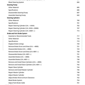 May include: A detailed contents page from greenfarmmanuals.com, listing automotive repair procedures. Topics include steering, brakes, and hydraulic systems, with page numbers. Text is black on a white background.
