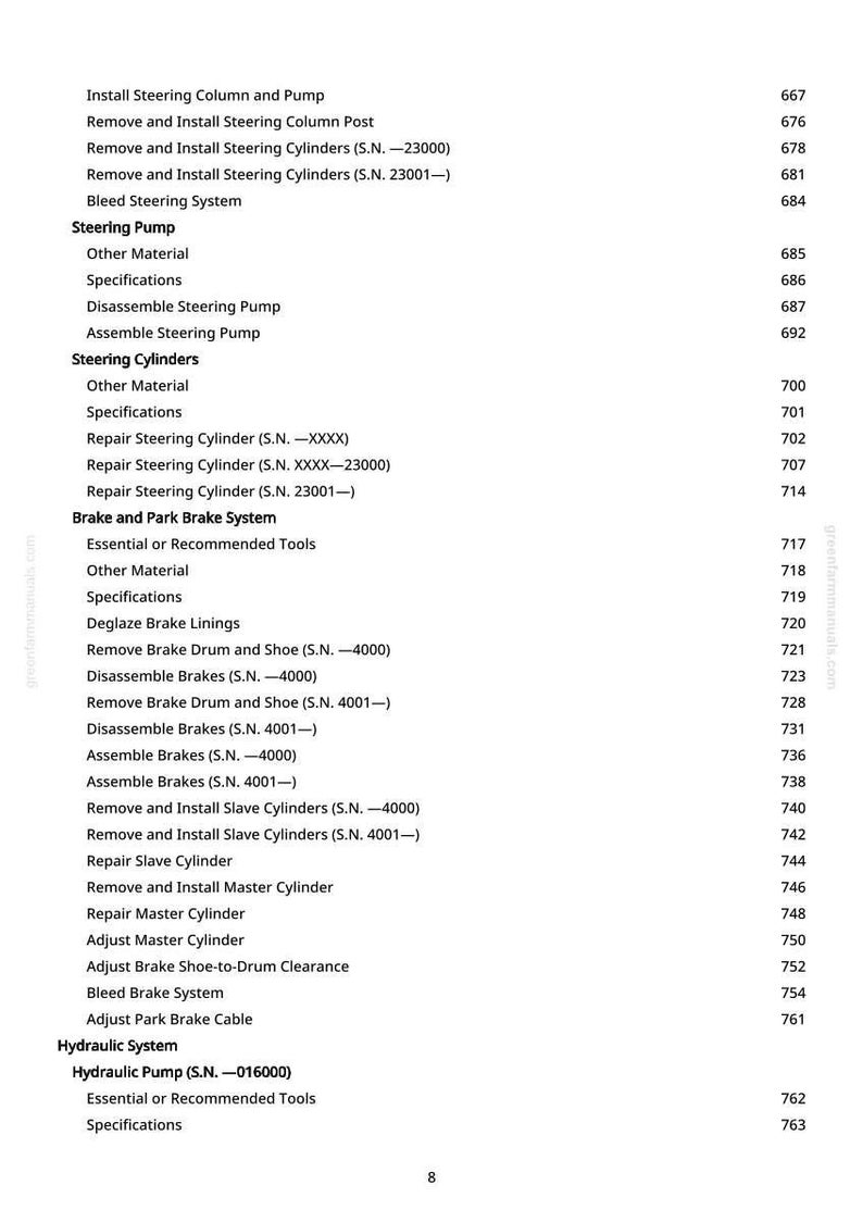 May include: A detailed contents page from greenfarmmanuals.com, listing automotive repair procedures. Topics include steering, brakes, and hydraulic systems, with page numbers. Text is black on a white background.