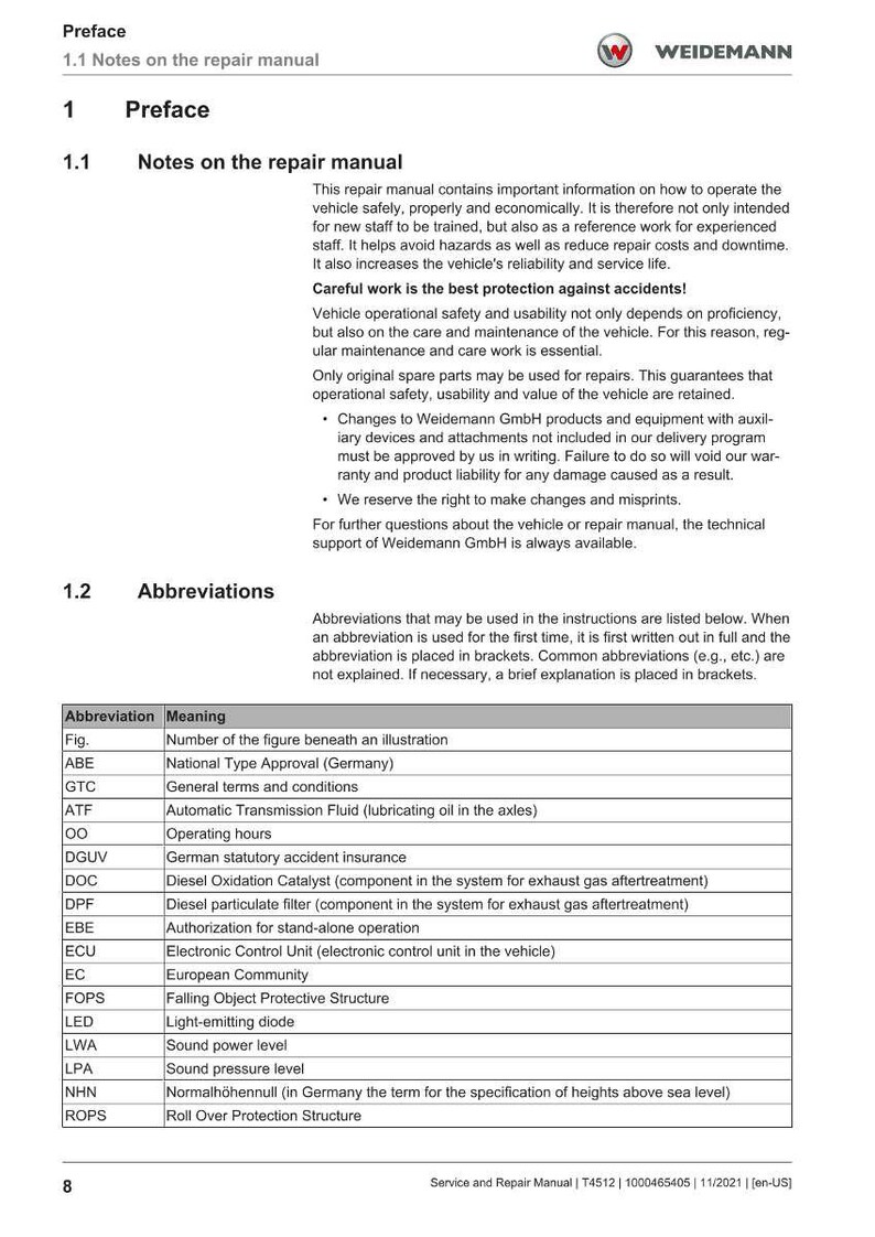 May include: A page from a Weidemann service and repair manual. The document includes a preface, notes on the repair manual, and a list of abbreviations with their meanings. The manual is for the T4512 model.