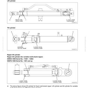 May include: Diagram of a hydraulic cylinder for a power tilt dozer, with detailed illustrations of lift and tilt cylinders. Includes measurements in Newton metres and serial numbers.