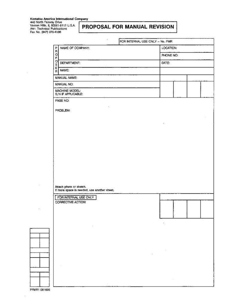 Puede incluir: Un formulario blanco titulado "PROPUESTA DE REVISI&Oacute;N MANUAL" de Komatsu America International Company. El formulario incluye campos para informaci&oacute;n de la empresa, detalles del manual y una secci&oacute;n para acciones correctivas.