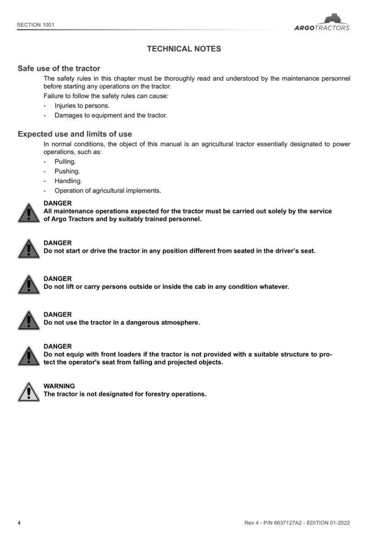 Peut inclure: Document blanc avec texte noir pr&eacute;sentant des notes techniques et des consignes de s&eacute;curit&eacute; pour les tracteurs Argo. Le document d&eacute;taille l'utilisation s&ucirc;re, l'utilisation pr&eacute;vue et les limites d'utilisation, ainsi que plusieurs avertissements.