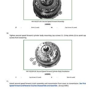 May include: Diagrams of mechanical components, including a second speed forward assembly and cylinder body installation. The images include labels for parts like cap screws and shims, with text instructions for assembly and installation procedures. The page number is 105.