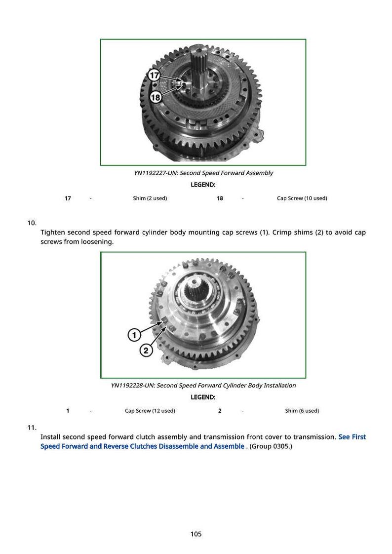 May include: Diagrams of mechanical components, including a second speed forward assembly and cylinder body installation. The images include labels for parts like cap screws and shims, with text instructions for assembly and installation procedures. The page number is 105.