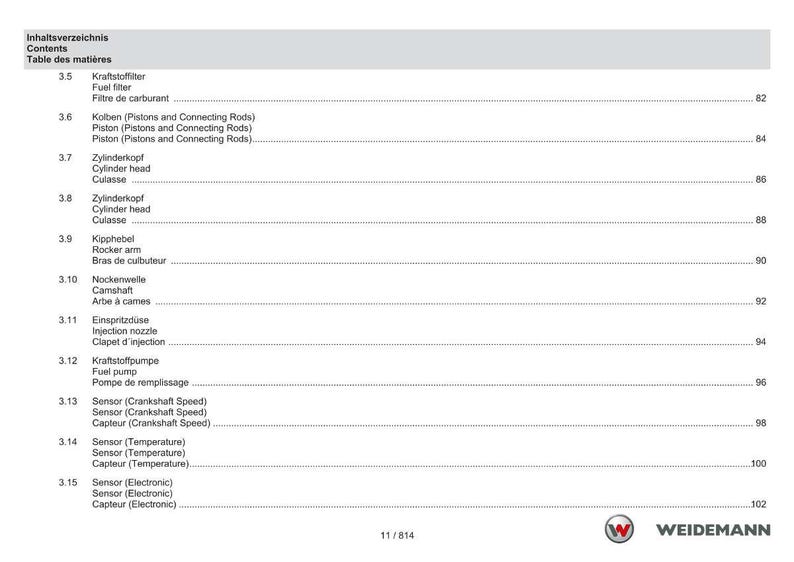 May include: A page from a manual with a table of contents in German, English, and French. The table lists engine components such as fuel filter, pistons, cylinder head, and sensors. The Weidemann logo is at the bottom.