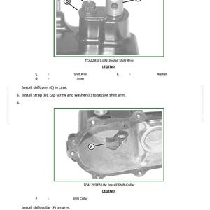 May include: Diagram of mechanical components with labels and instructions. Includes images of a shift arm, strap, cap screw, washer, and shift collar. Text includes "Install Shift Arm" and "Install Shift Collar".