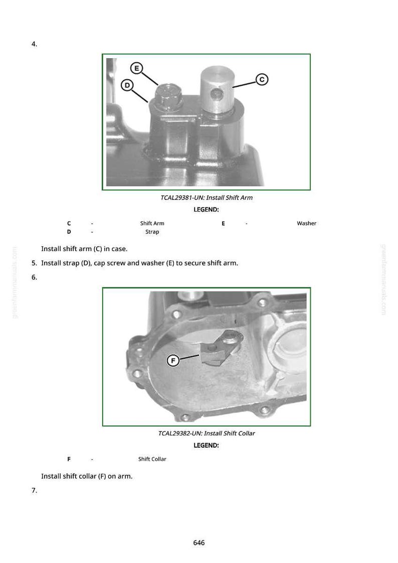 May include: Diagram of mechanical components with labels and instructions. Includes images of a shift arm, strap, cap screw, washer, and shift collar. Text includes "Install Shift Arm" and "Install Shift Collar".