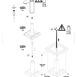 May include: Technical diagram with various components, including cylindrical parts, square frames, and connecting rods. Dimensions are provided in inches and pounds. Safety symbols and weight specifications are also included.