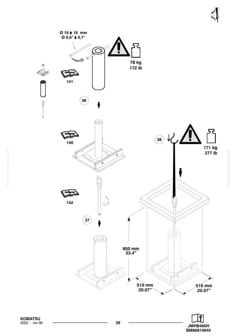 May include: Technical diagram with various components, including cylindrical parts, square frames, and connecting rods. Dimensions are provided in inches and pounds. Safety symbols and weight specifications are also included.