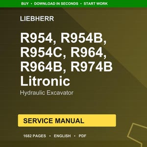 以下が含まれることがあります： Liebherr油圧ショベルのデジタルサービスマニュアル。R954、R954B、R954C、R964、R964B、R974B Litronicのモデルが含まれています。表紙はオリーブグリーンとブラウンのグラデーションで、白い文字が書かれています。マニュアルは1682ページで、英語です。