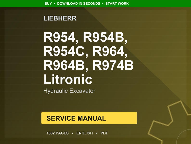 以下が含まれることがあります： Liebherr油圧ショベルのデジタルサービスマニュアル。R954、R954B、R954C、R964、R964B、R974B Litronicのモデルが含まれています。表紙はオリーブグリーンとブラウンのグラデーションで、白い文字が書かれています。マニュアルは1682ページで、英語です。