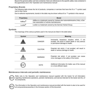 May include: A page from a manual with the ARGO TRACTORS logo. The manual includes sections on proprietary brands, symbols, and maintenance intervals. Warning symbols and text are visible.