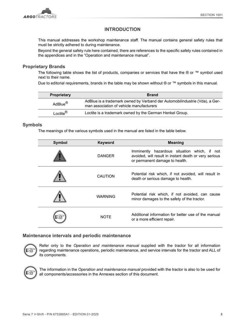 May include: A page from a manual with the ARGO TRACTORS logo. The manual includes sections on proprietary brands, symbols, and maintenance intervals. Warning symbols and text are visible.