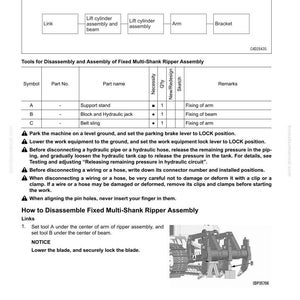 May include: Diagram of a fixed multi-shank ripper assembly with labels for components like the link, lift cylinder, and arm. Includes a table detailing tools and procedures for disassembly, with safety warnings and instructions.