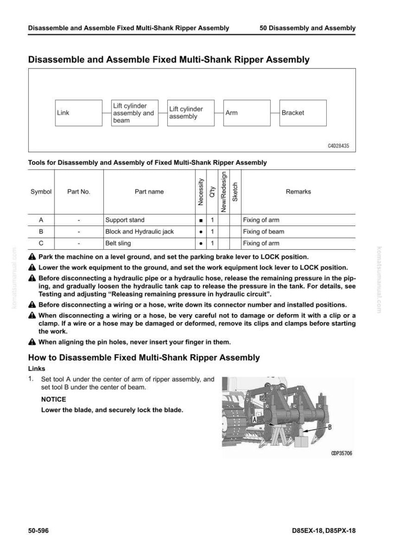 May include: Diagram of a fixed multi-shank ripper assembly with labels for components like the link, lift cylinder, and arm. Includes a table detailing tools and procedures for disassembly, with safety warnings and instructions.