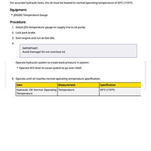 May include: A white document titled "Hydraulic Warmup Procedure" with instructions for hydraulic tests. The text includes equipment, procedure steps, and a table specifying the normal operating temperature of hydraulic oil at 43&deg;C (110&deg;F).